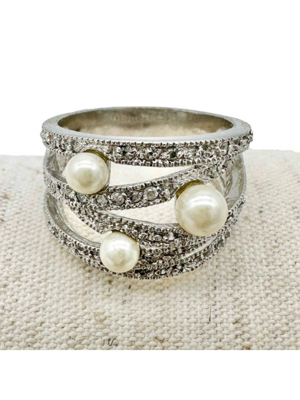 Premier Designs Silver Tone Ring With Simulated Pearls and Rhinestones Size 10
